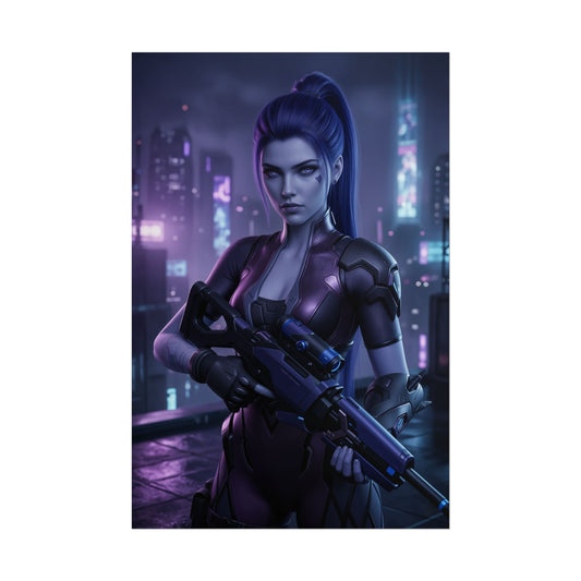 Widowmaker Poster Overwatch Wall Art Print Gaming Room Decor featuring neon-lit Widowmaker sniper in futuristic city, cool-toned sci-fi gaming room print