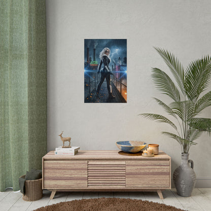 Black Cat Poster, Marvel Art Print – Iconic Comic Anti-Heroine Wall Art - ultra-high res print displayed in modern living room
