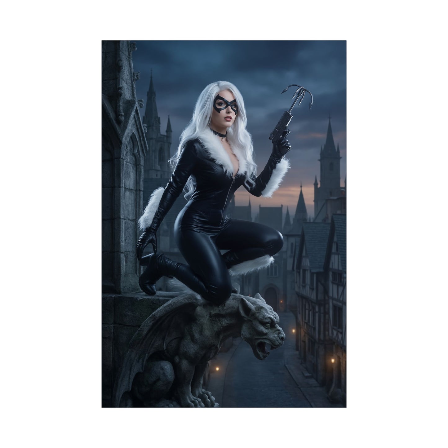 Black Cat Poster, Marvel Art Print – Iconic Anti-Heroine Wall Art featuring Black Cat in black suit perched on gargoyle over gothic city