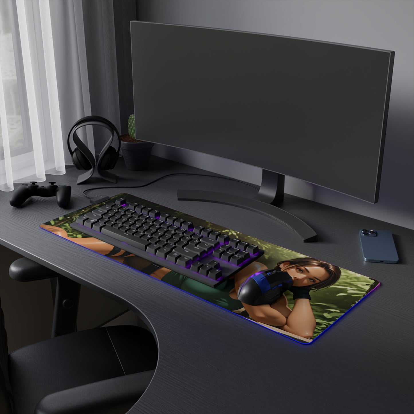 Lara Croft Schreibtischunterlage – LED RGB-Pad, Waifu Anime-Mädchen Gaming-Setup