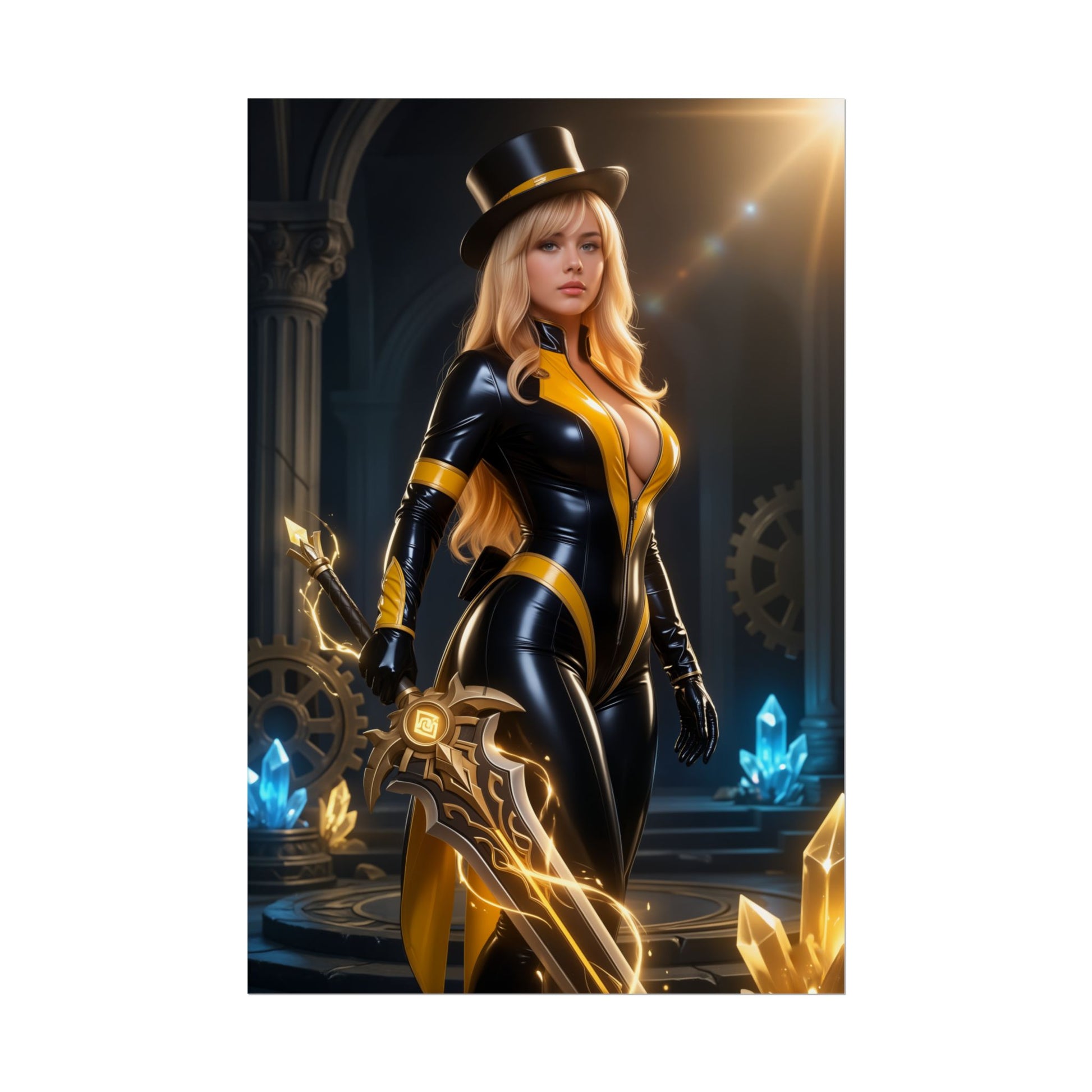 Navia Poster, Genshin Impact Art Print – Iconic Geo Heroine Wall Art featuring Navia in black-yellow suit with crystal sword and steampunk gears