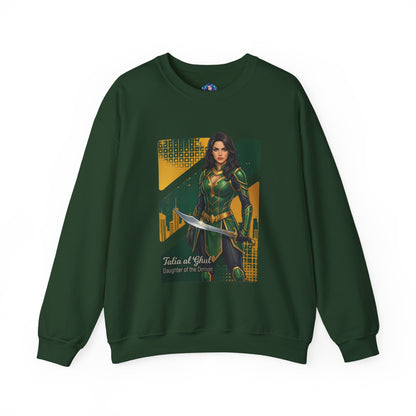 Talia al Ghul Sweatshirt, DC Comics Crewneck, Elegant Villain Apparel for Fans - dark green crewneck with illustrated Talia al Ghul holding a sword