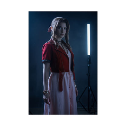 Aerith Poster, Final Fantasy Art Print – Iconic RPG Heroine Wall Art featuring a graceful heroine in red jacket and soft pink dress, studio lighting