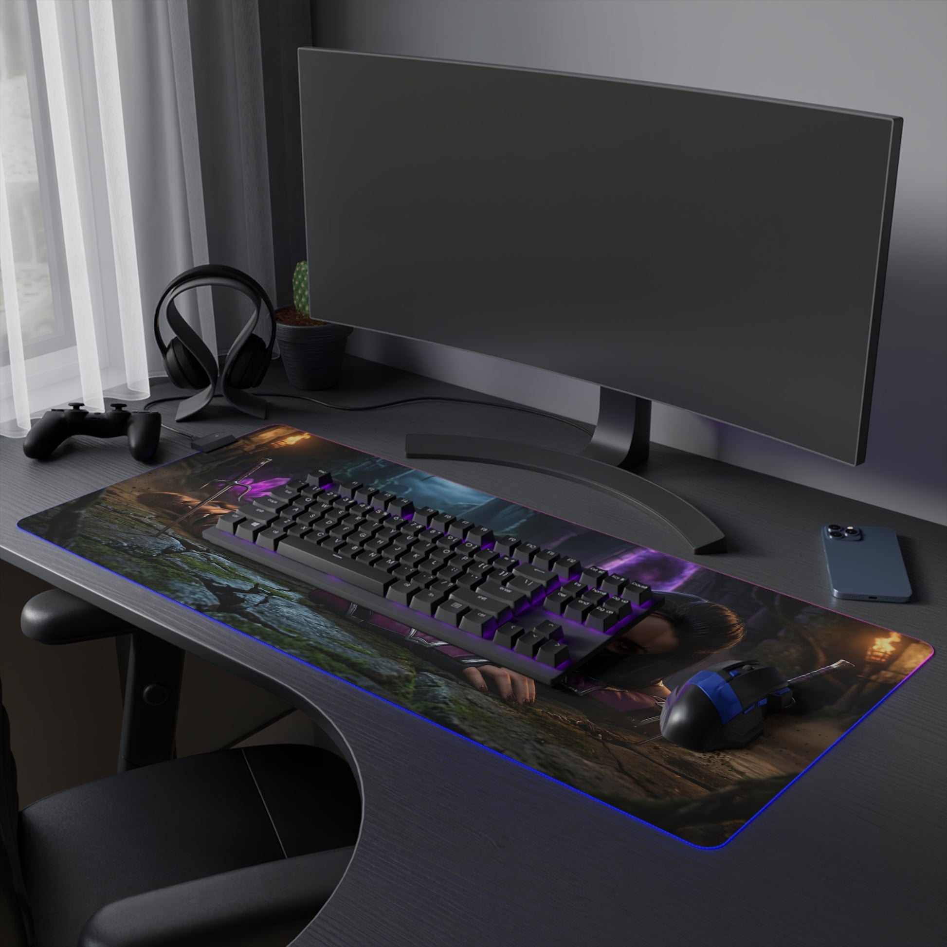 Mileena Desk Mat – LED RGB Pad, Waifu Fighter Anime Girl Setup on a dark gaming desk with RGB lighting and precision-cloth surface