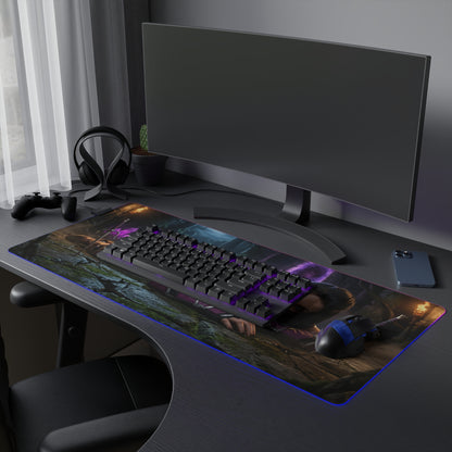 Mileena Desk Mat – LED RGB Pad, Waifu Fighter Anime Girl Setup on a dark gaming desk with RGB lighting and precision-cloth surface