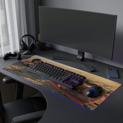 Ada Wong, Claire Redfield & Jill Valentine Desk Mat – LED RGB Pad showing trio artwork on desk with RGB lighting and keyboard