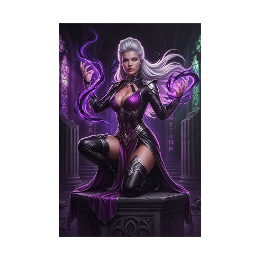 Sindel MK Poster – Powerful Mortal Kombat Queen Wall Art for Gamer Decor, dark fantasy heroine in purple magic pose