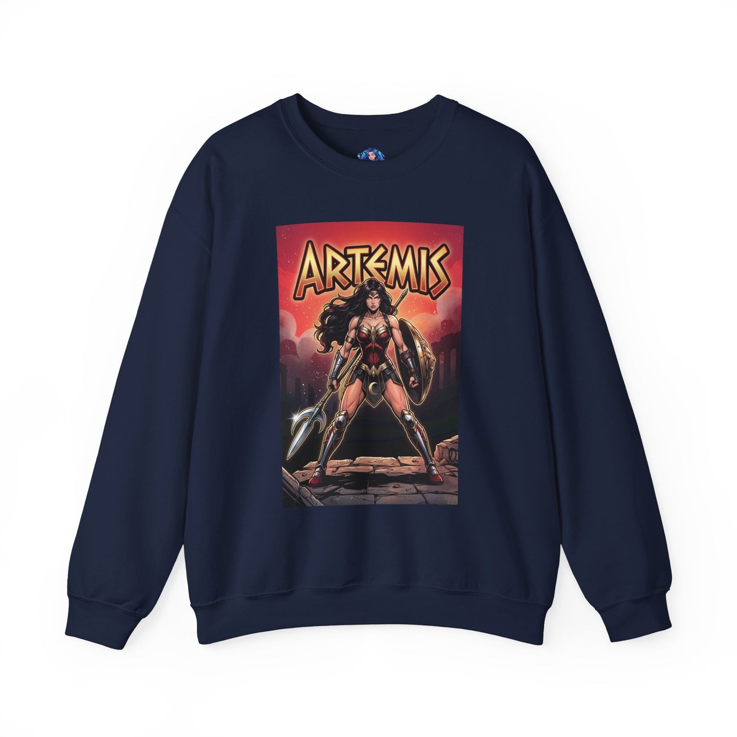Artemis Sweatshirt, DC Comics Warrior Art, Premium Hero Apparel - navy crewneck with battle-ready Artemis graphic, spear and shield