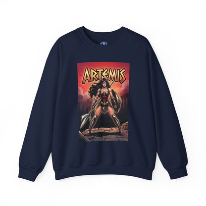 Artemis Sweatshirt, DC Comics Warrior Art, Premium Hero Apparel - navy crewneck with battle-ready Artemis graphic, spear and shield