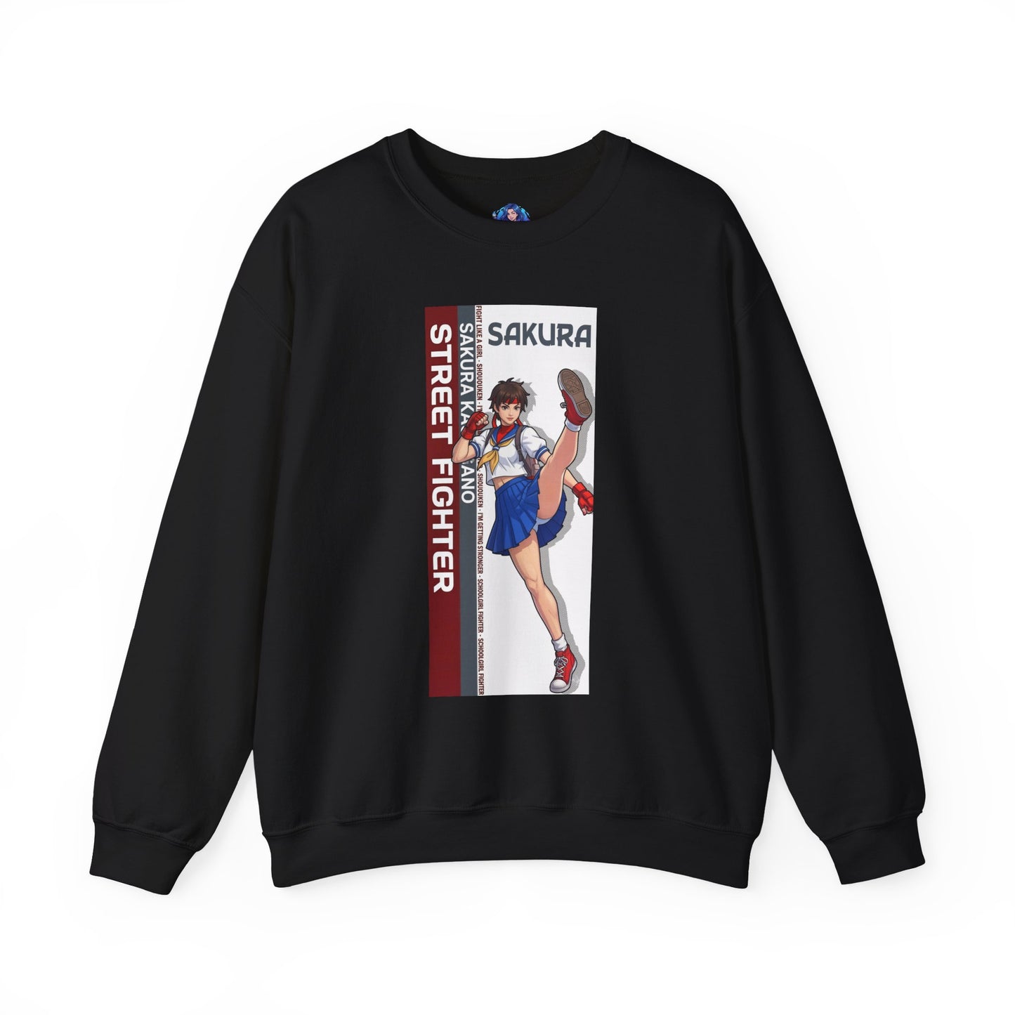 Sakura Sweatshirt, Street Fighter Crewneck, Classic Fighting Game Apparel for Fans - black crewneck with Sakura artwork and red-white design
