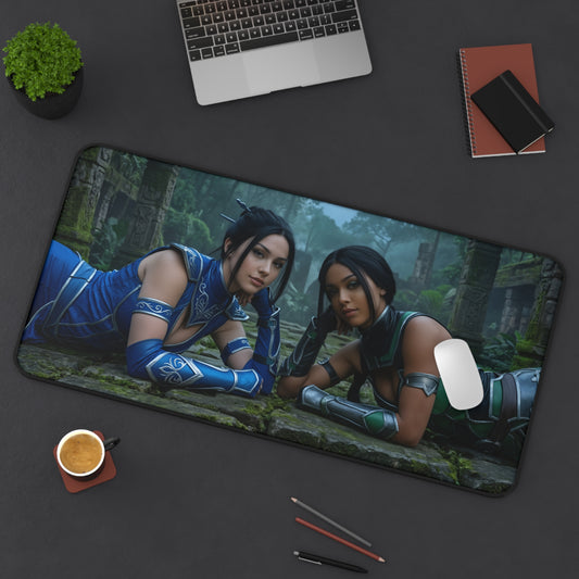 Kitana and Jade Gaming Mouse Pad, Mortal Kombat Desk Mat, Edenian Fighters Setup featuring high-def artwork of Kitana and Jade on desk mat