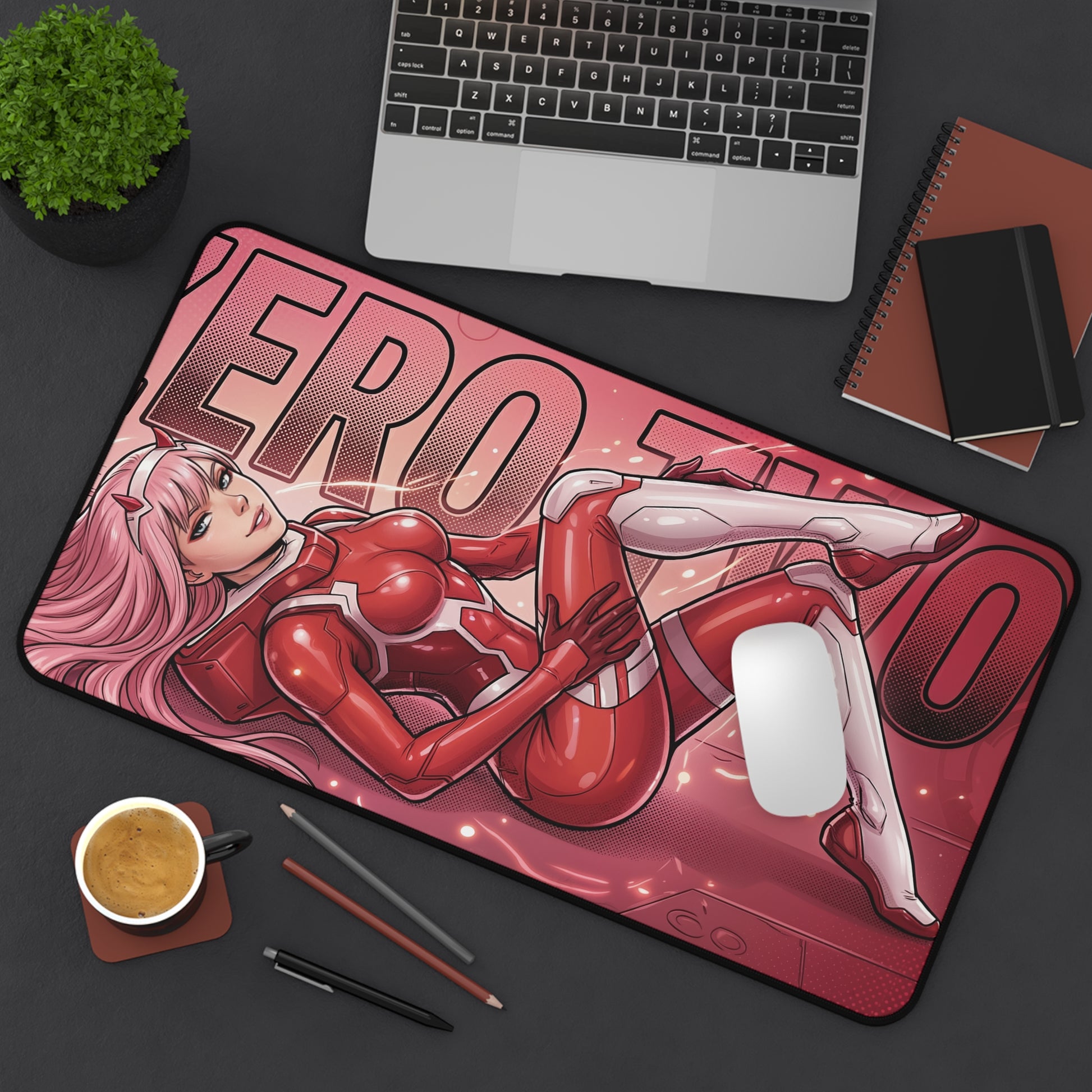 Zero Two Desk Mat, Anime Mouse Pad, Gaming Setup Desk Decor showing pink-haired sci-fi character in red suit on large mouse pad