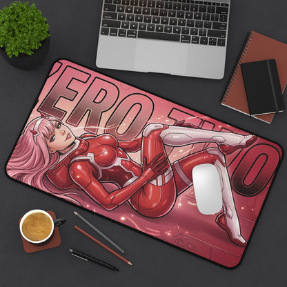 Zero Two Desk Mat, Anime Mouse Pad, Gaming Setup Desk Decor showing pink-haired sci-fi character in red suit on large mouse pad