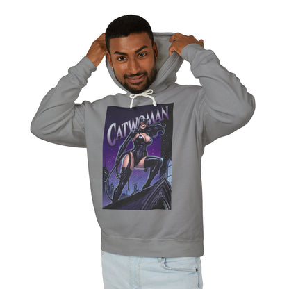 Catwoman Hoodie | DC Anti-Hero Hoodie | Gotham Thief Pullover – gray pullover with comic-style Catwoman graphic worn by smiling model
