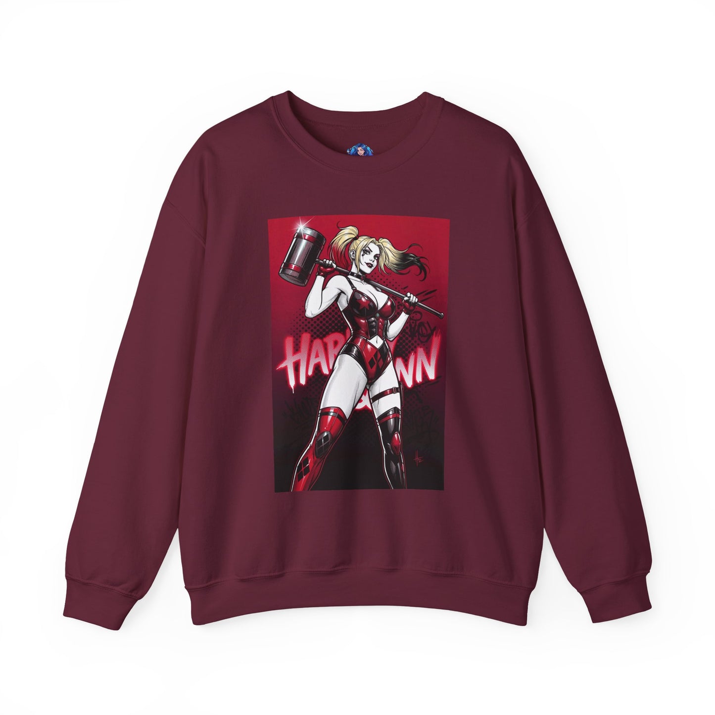 Harley Quinn Sweatshirt, DC Comics Pop Art Style, Premium Fan Apparel - maroon crewneck with anime Harley Quinn holding oversized hammer and red-black art