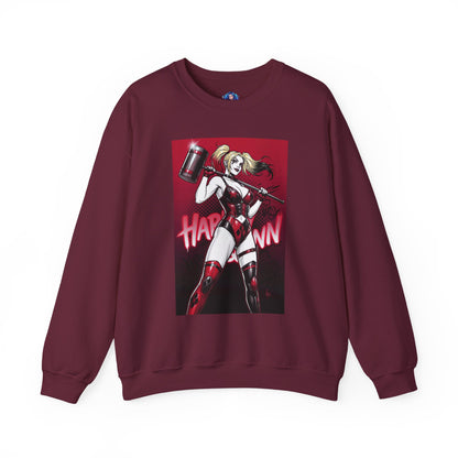Harley Quinn Sweatshirt, DC Comics Pop Art Style, Premium Fan Apparel - maroon crewneck with anime Harley Quinn holding oversized hammer and red-black art