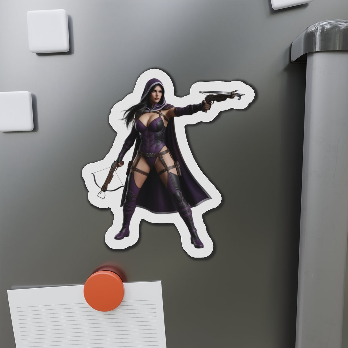 Huntress Magnet – DC Comic Heroine Fridge Magnet, Anime Style Decor showing die-cut vinyl Huntress in purple tactical costume on a fridge