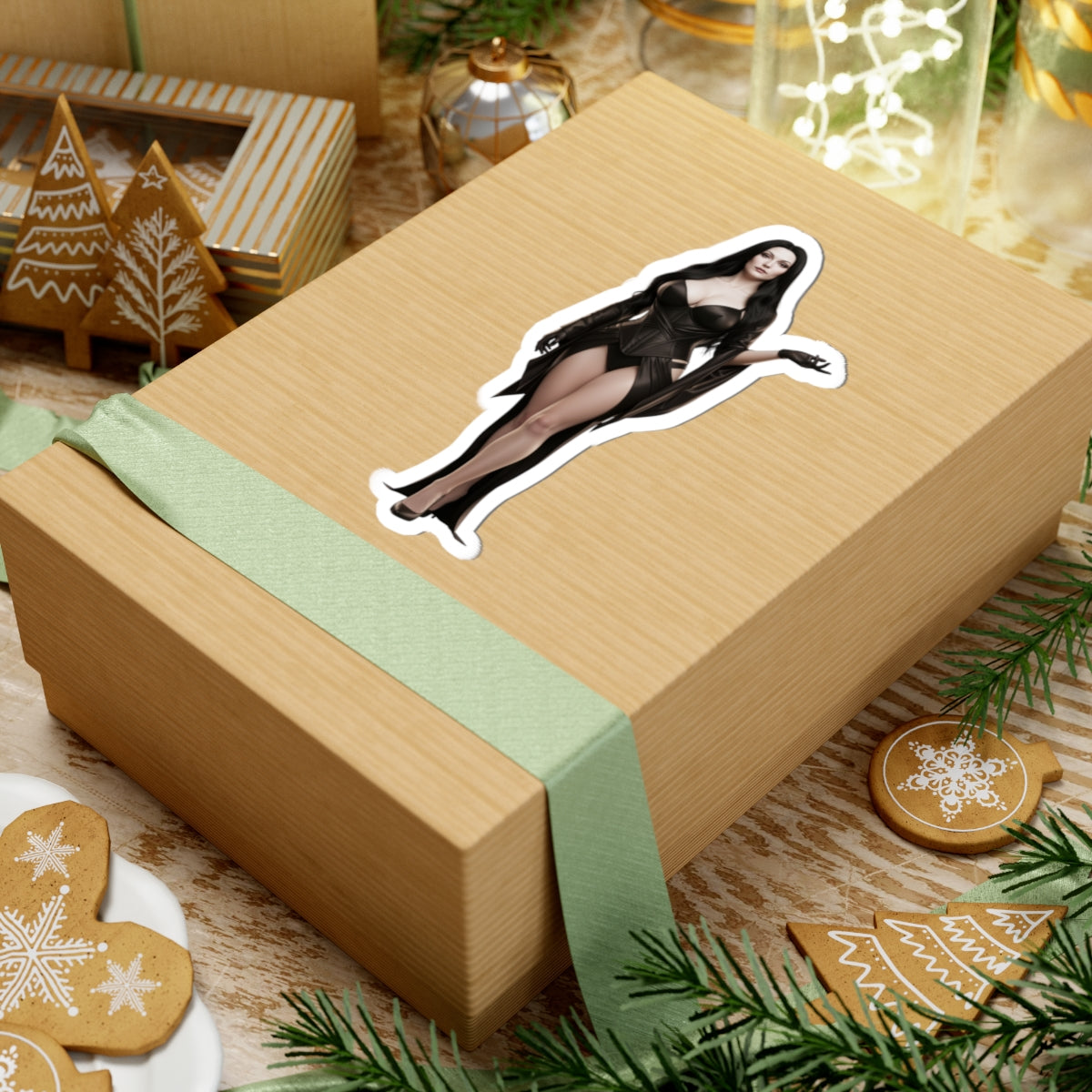 Morticia Addams Sticker – Gothic Character Vinyl Sticker for Laptops & Indoor Decor on kraft gift box showing glossy vinyl, crisp detail, strong adhesive, easy bubble-free application