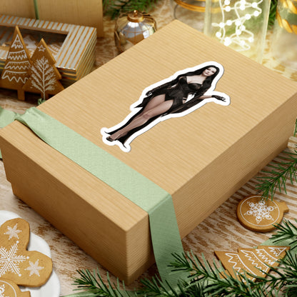 Morticia Addams Sticker – Gothic Character Vinyl Sticker for Laptops & Indoor Decor on kraft gift box showing glossy vinyl, crisp detail, strong adhesive, easy bubble-free application