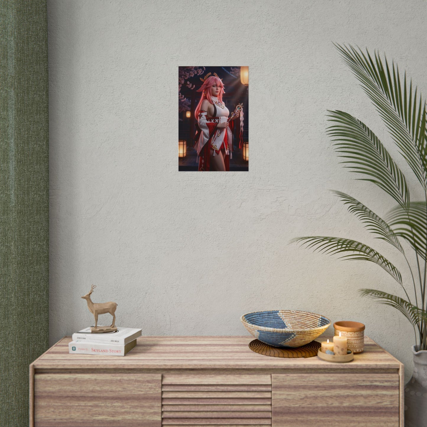 Yae Miko Poster, Genshin Impact Art Print – Iconic Electro Shrine Maiden on minimalist wall above console, gaming room decor