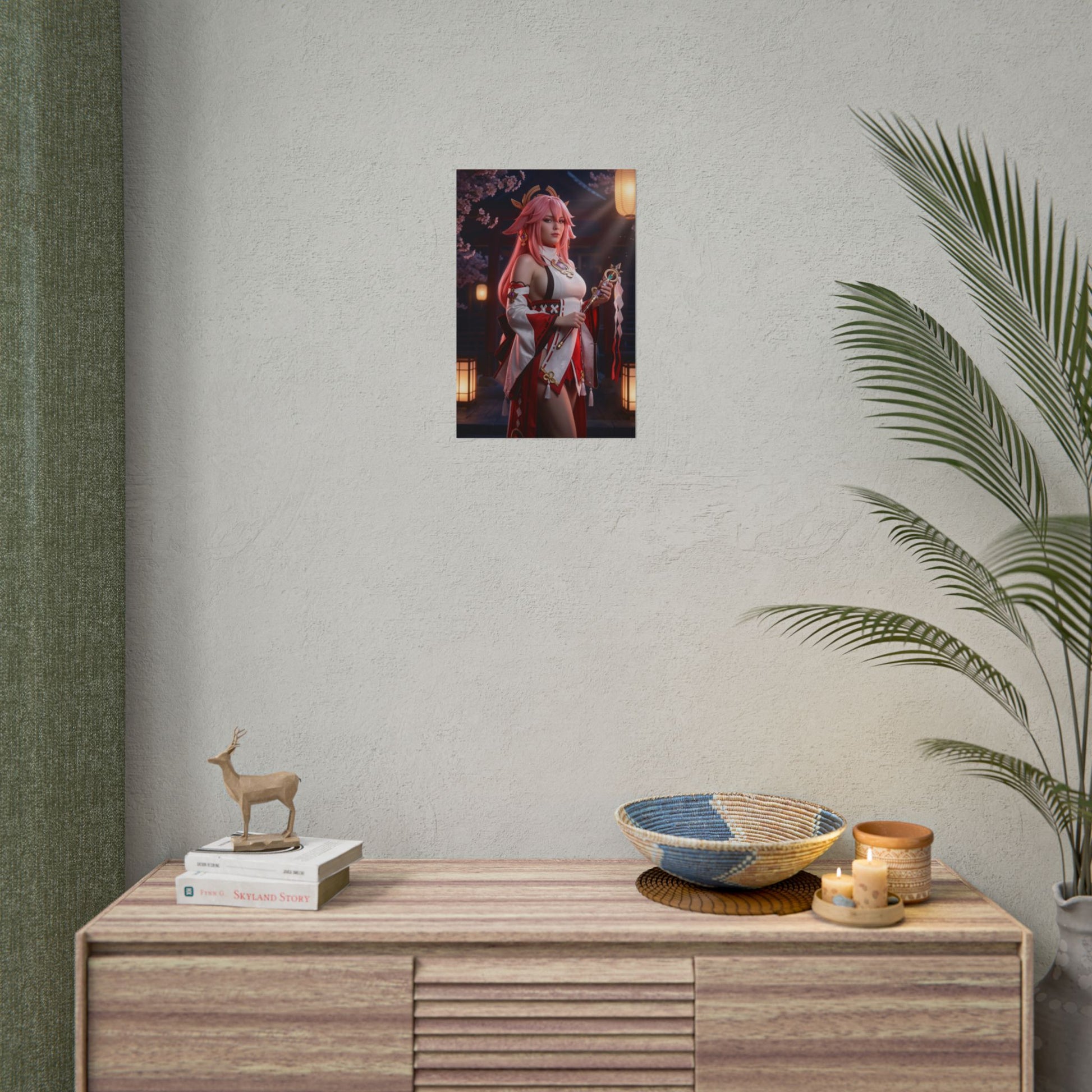 Yae Miko Poster, Genshin Impact Art Print – Iconic Electro Shrine Maiden on minimalist wall above console, gaming room decor