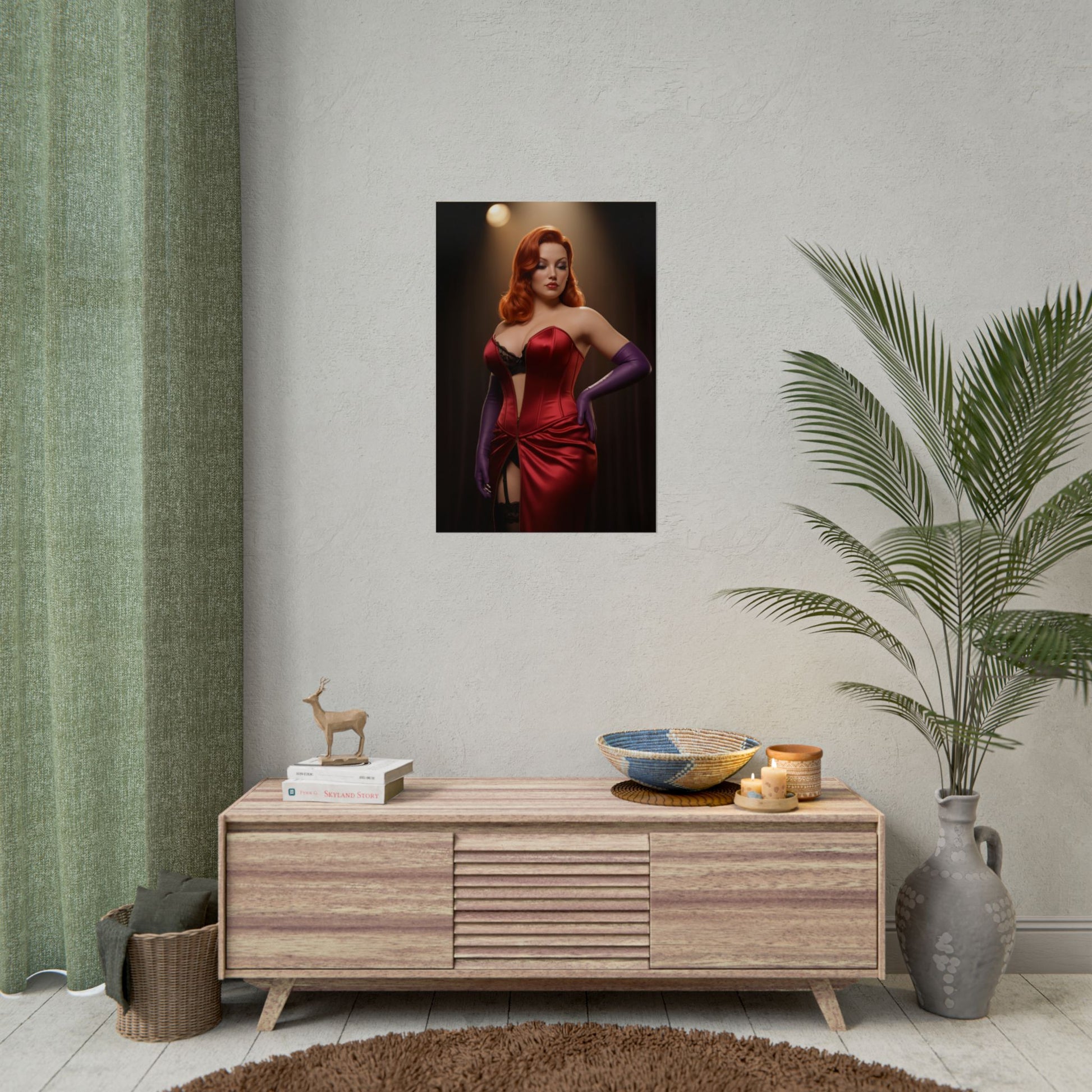 Jessica Rabbit Poster, Classic Animation Art Print – Vintage Wall Decor - framed red-dress character art above mid-century console