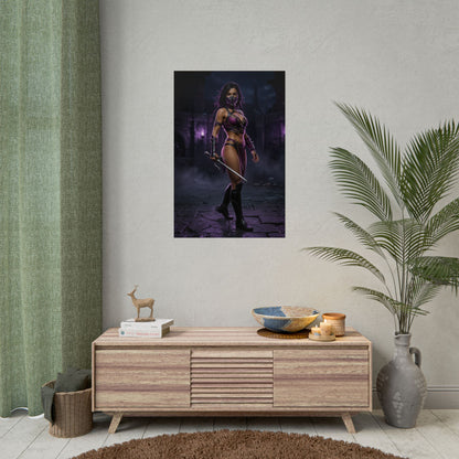 Mileena Poster Mortal Kombat Wall Art Print Gaming Room Decor featuring Mileena in a dark arena with glowing purple tones and cinematic lighting