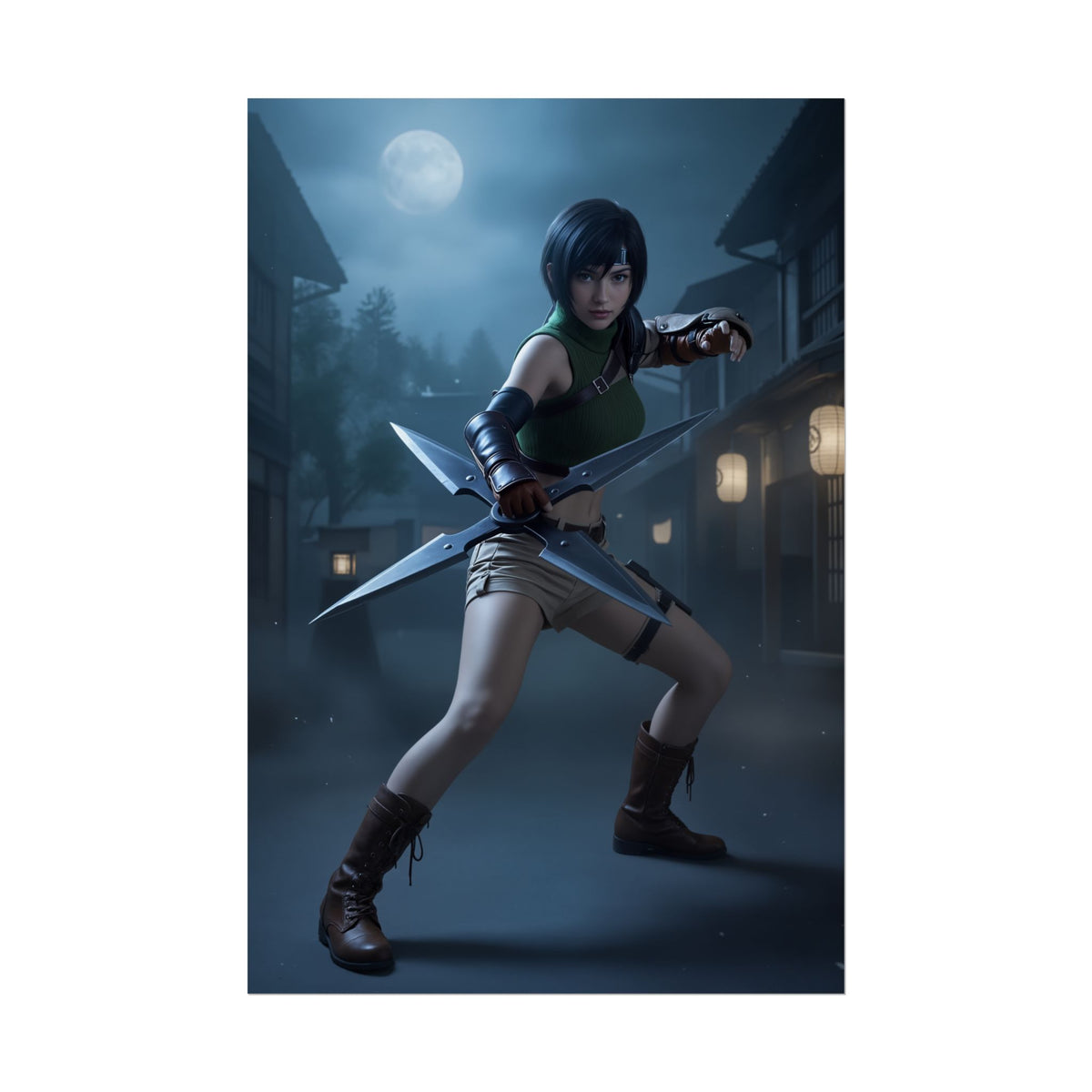 Yuffie Poster, Final Fantasy Art Print  Classic RPG Wall Art for Gamers - dynamic night scene of Yuffie poised with giant shuriken in village alley