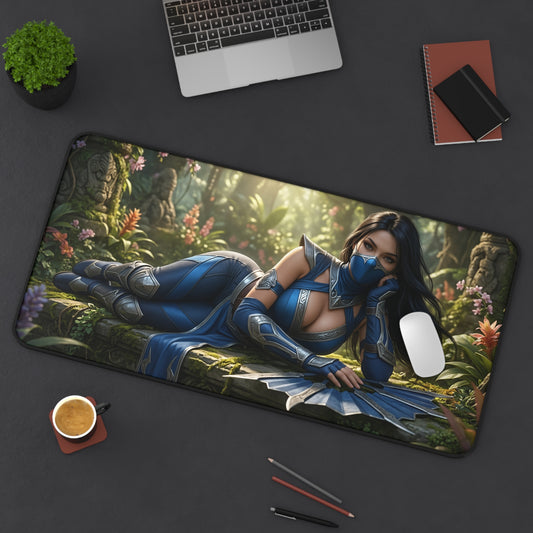 Kitana Gaming Mouse Pad, Mortal Kombat Desk Mat, Edenian Princess Fighter Setup — premium desk mat showing Kitana in blue outfit on lush decorative background