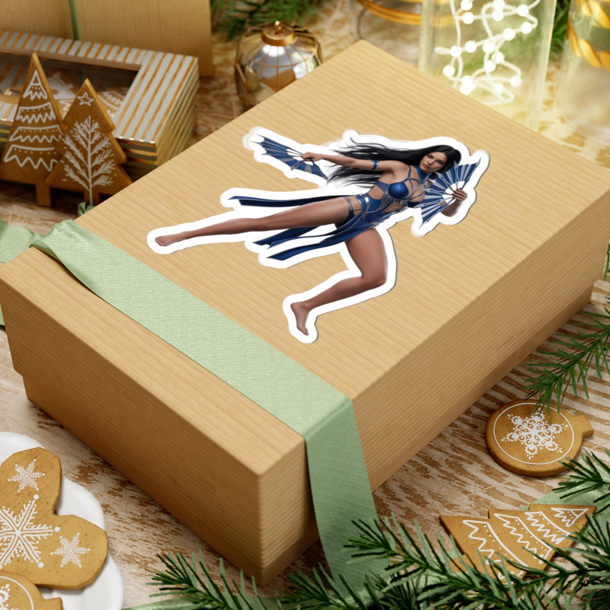 Kitana Sticker – Mortal Kombat Vinyl Sticker for Laptops & Indoor Decor on a gift box, glossy durable vinyl decal showcasing Kitana artwork