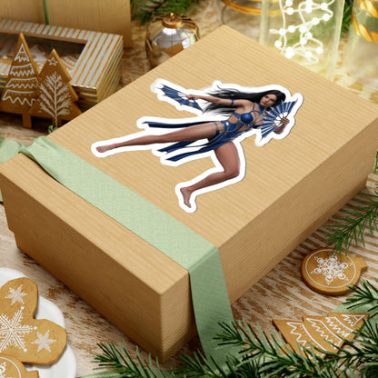 Kitana Sticker – Mortal Kombat Vinyl Sticker for Laptops & Indoor Decor on a gift box, glossy durable vinyl decal showcasing Kitana artwork