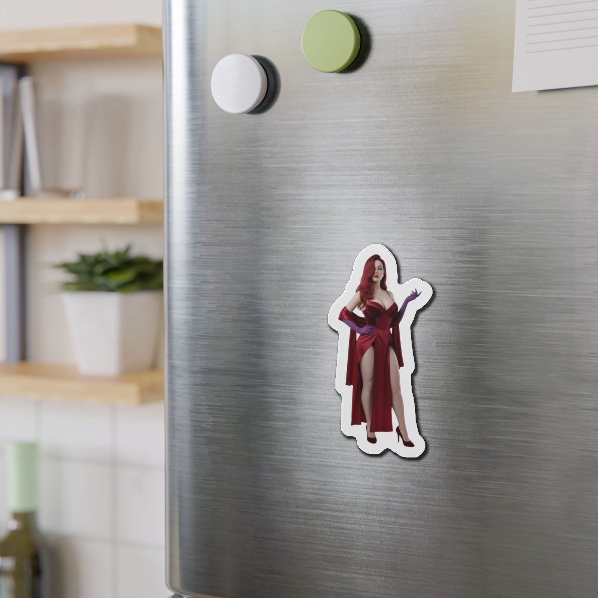 Jessica Rabbit Magnet – Cartoon Icon Fridge Magnet, Anime Style Decor on stainless fridge showing die-cut vinyl Jessica Rabbit anime-style magnet