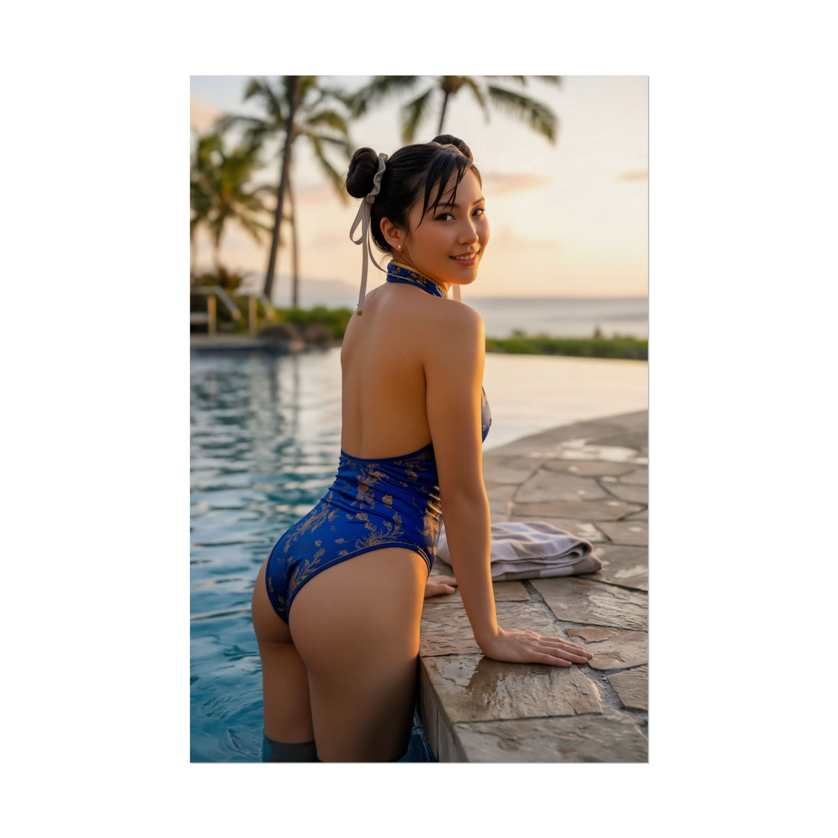 Chun-Li Poster, Street Fighter Art Print  Legendary Fighting Game Heroine: cosplay-inspired Chun-Li swimsuit art print at sunset by pool, vivid colors, high-resolution