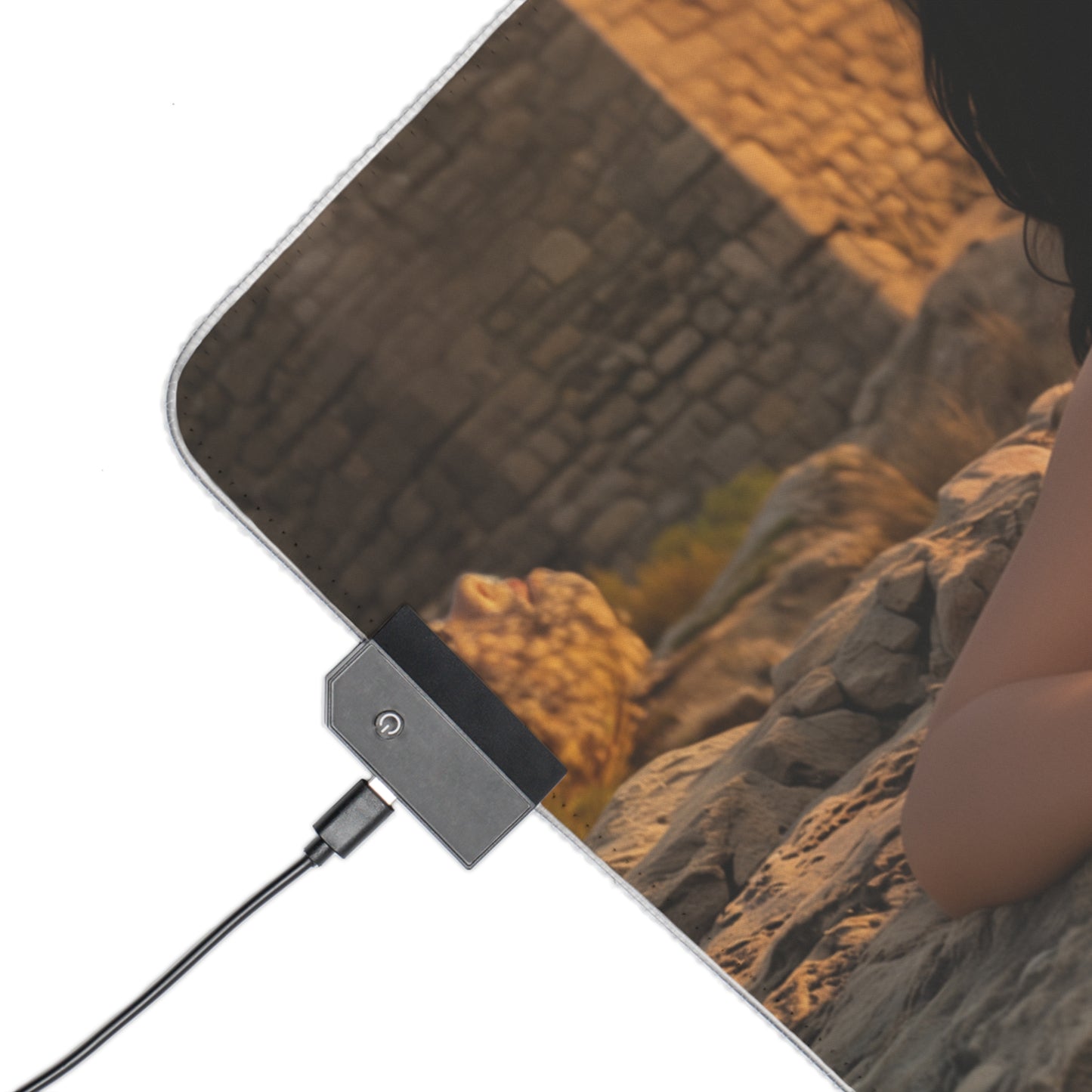 Ciri, Triss Merigold & Yennefer Desk Mat – LED RGB Pad showing corner USB RGB controller and printed artwork