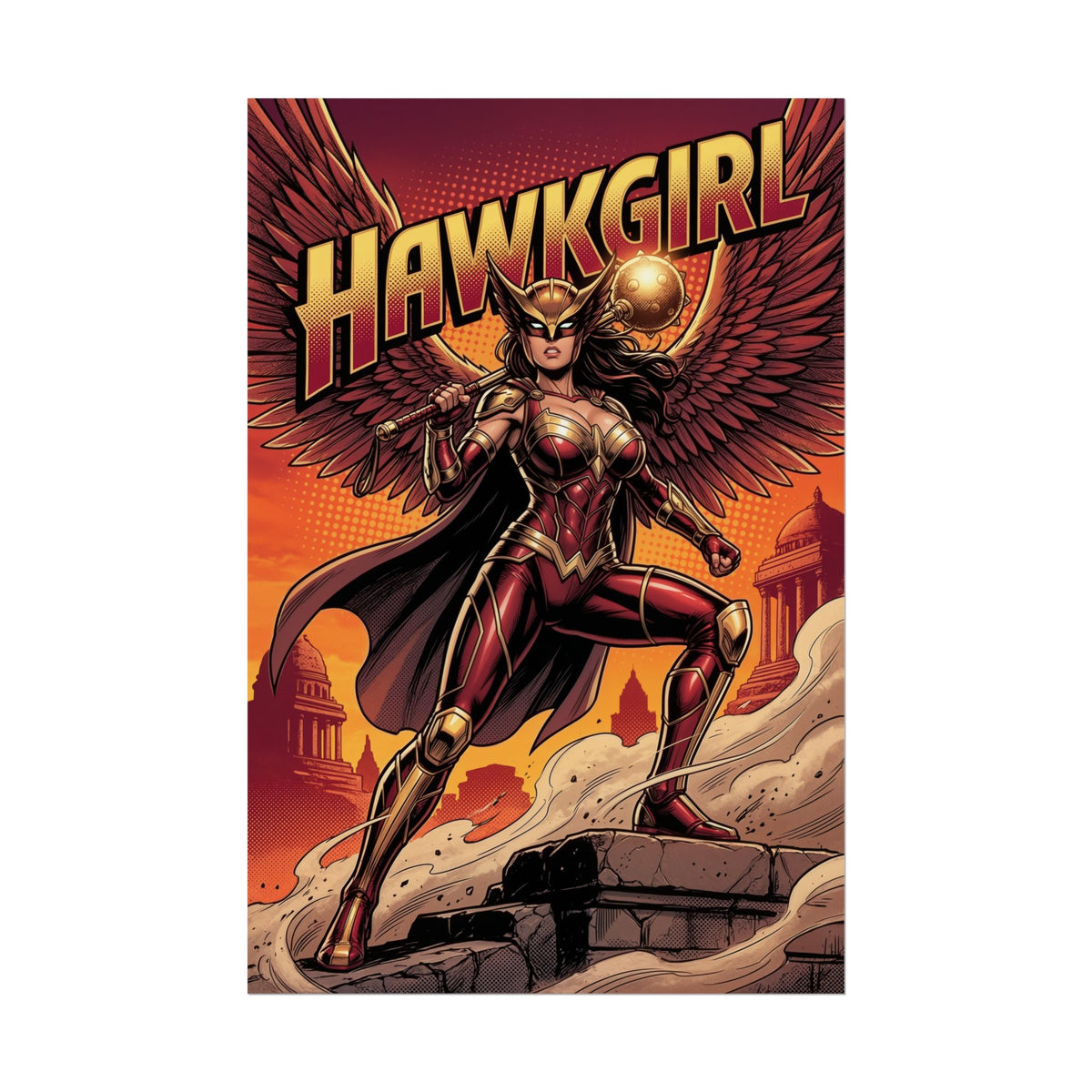 Hawkgirl Poster / Hawkgirl Wall Art / Hawkgirl Art Print / DC Comics Poster - Hawkgirl soaring with mace over city at golden hour, dramatic warrior pose