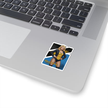 Black Canary Sticker – Comic Heroine Vinyl Sticker for Laptops & Indoor Decor shown on silver laptop corner, glossy vibrant vinyl decal