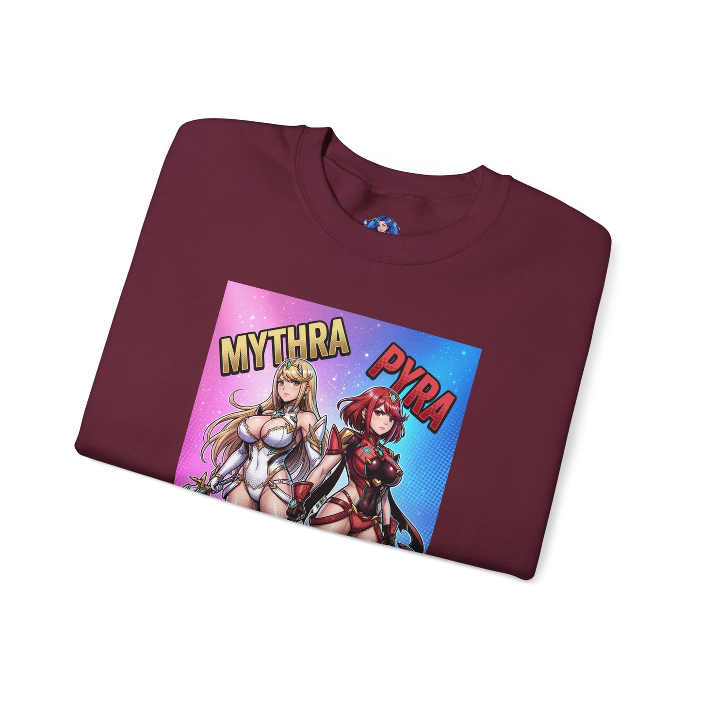 Mythra and Pyra Sweatshirt, Fantasy RPG Crewneck, Anime-Inspired Fan Apparel folded maroon crewneck with vibrant Mythra and Pyra artwork