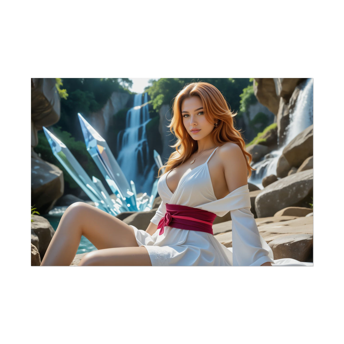 Tsunade Wall Poster | Hokage Waifu Wall Art for Anime Room Display - elegant Tsunade-inspired waifu by waterfall, high-res print