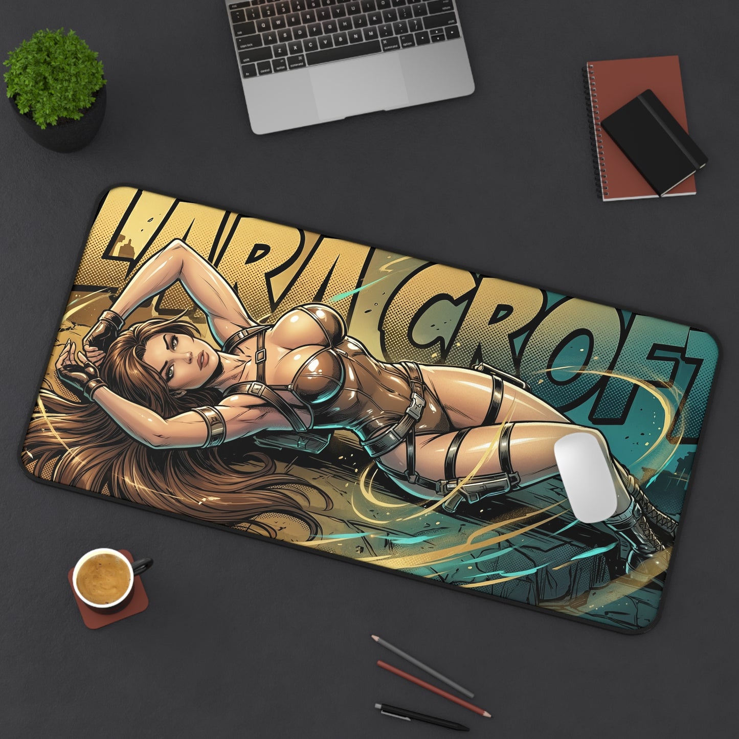 Lara Croft Desk Mat, Tomb Raider Mouse Pad, Adventure Gaming Setup Desk Decor featuring stylized Lara Croft illustration on large non-slip desk mat
