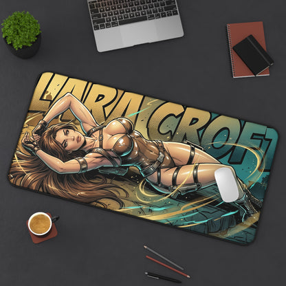 Lara Croft Desk Mat, Tomb Raider Mouse Pad, Adventure Gaming Setup Desk Decor featuring stylized Lara Croft illustration on large non-slip desk mat