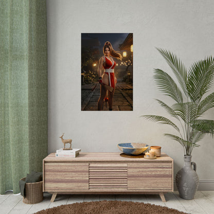 Mai Shiranui Poster Fatal Fury Wall Art Print Gaming Room Decor - cinematic lantern-lit kunoichi poster showcasing signature fan