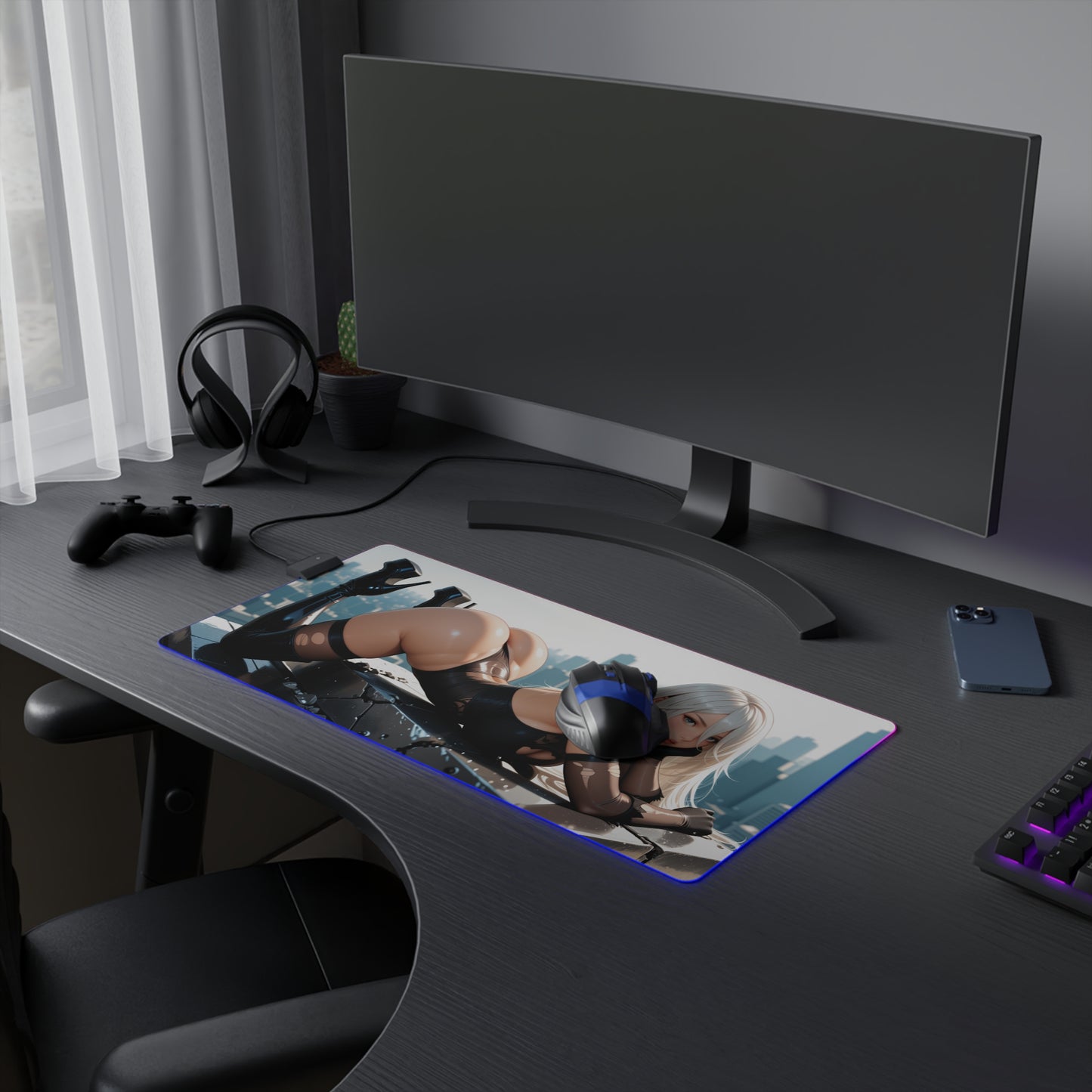 2B Desk Mat – LED RGB Pad, Elegant Waifu Android Girl Gaming Setup