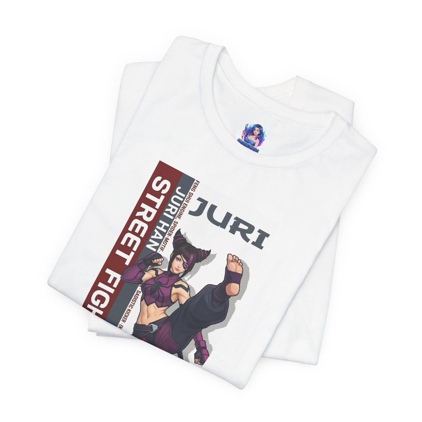 Juri Han T-Shirt | Street Fighter Anime Tee for Gamers & Fighting Game Fans - folded white Bella Canvas tee with bold anime Juri illustration