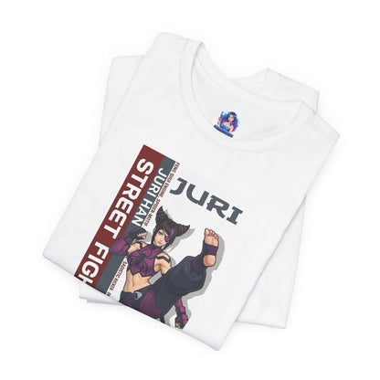 Juri Han T-Shirt | Street Fighter Anime Tee for Gamers & Fighting Game Fans - folded white Bella Canvas tee with bold anime Juri illustration