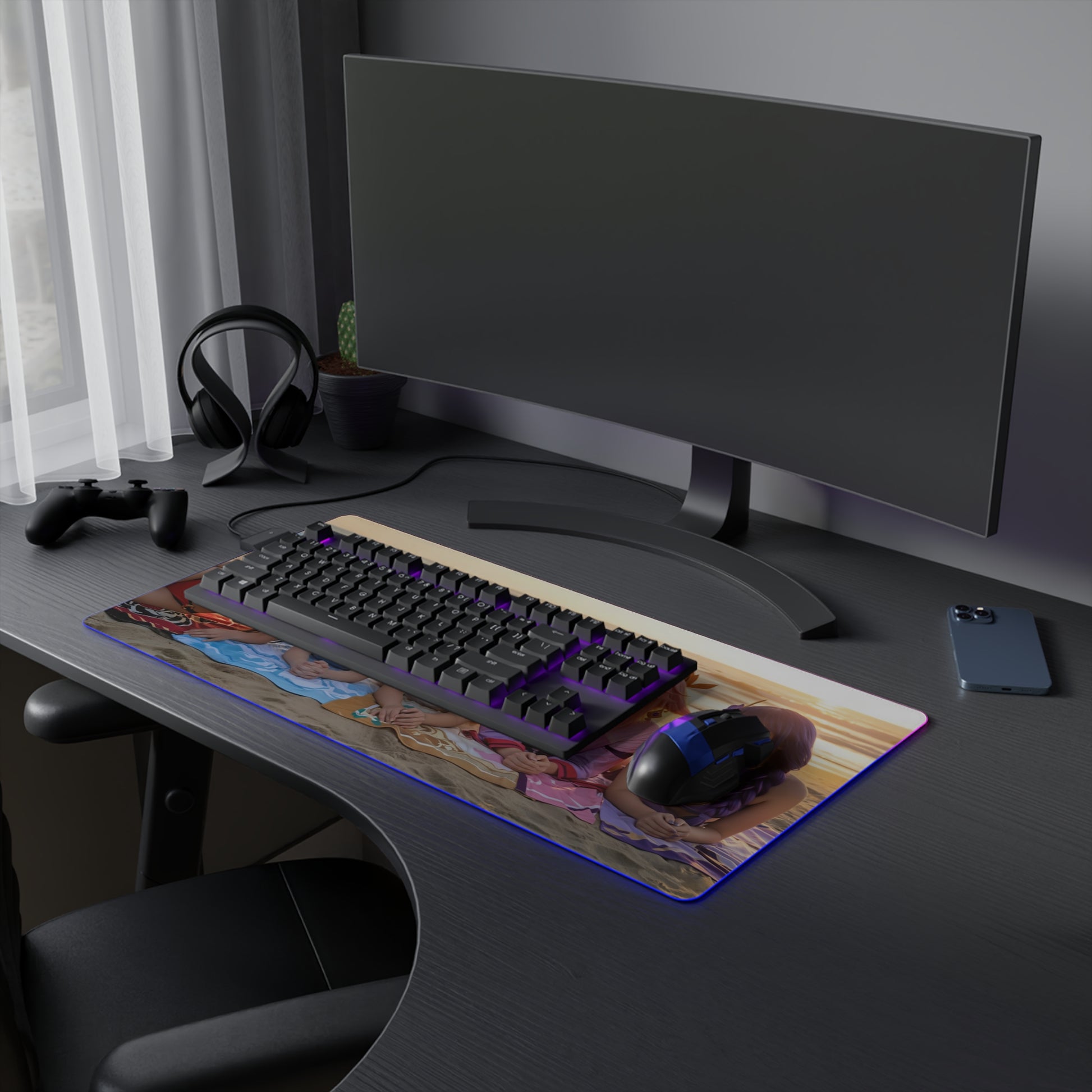 Genshin Impact Girls Desk Mat – LED RGB Pad, Waifu Anime Girl Setup on gaming desk with keyboard and mouse