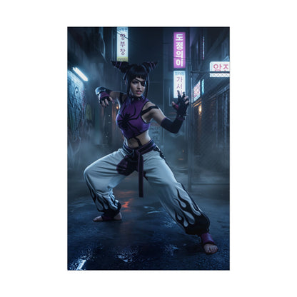 Han Juri Poster, Street Fighter Art Print – Iconic Fighting Game Heroine in neon alley, bold character pose, ultra-high resolution wall art