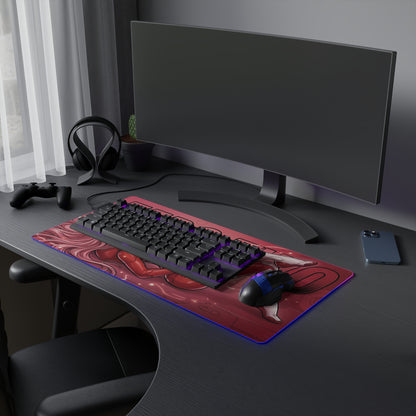 Zero Two RGB Desk Mat, Anime Gaming Mouse Pad, LED Desk Mat for Gamer Setup on black desk with keyboard, mouse and purple LED glow
