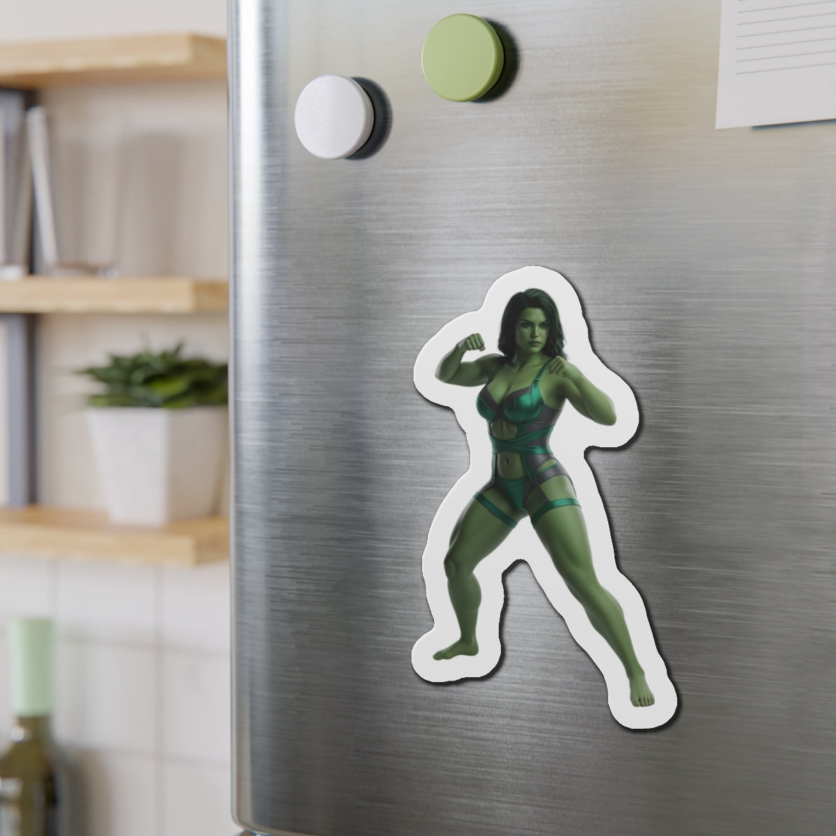 She-Hulk Magnet – Marvel Heroine Fridge Magnet, Anime Style Decor on stainless steel fridge showing die-cut anime-style She-Hulk vinyl magnet