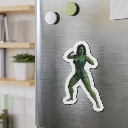 She-Hulk Magnet – Marvel Heroine Fridge Magnet, Anime Style Decor on stainless steel fridge showing die-cut anime-style She-Hulk vinyl magnet