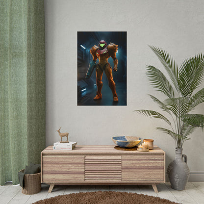 Samus Aran Poster Sci Fi Armor Wall Art Print Gaming Room Decor featuring armored Samus in a futuristic corridor with clean lighting and reflections